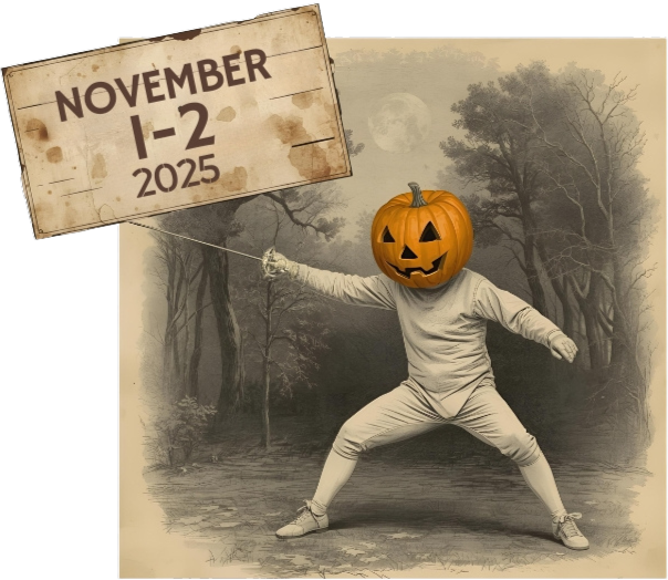 Stylized old fashioned fencer with a jack o lantern for a head