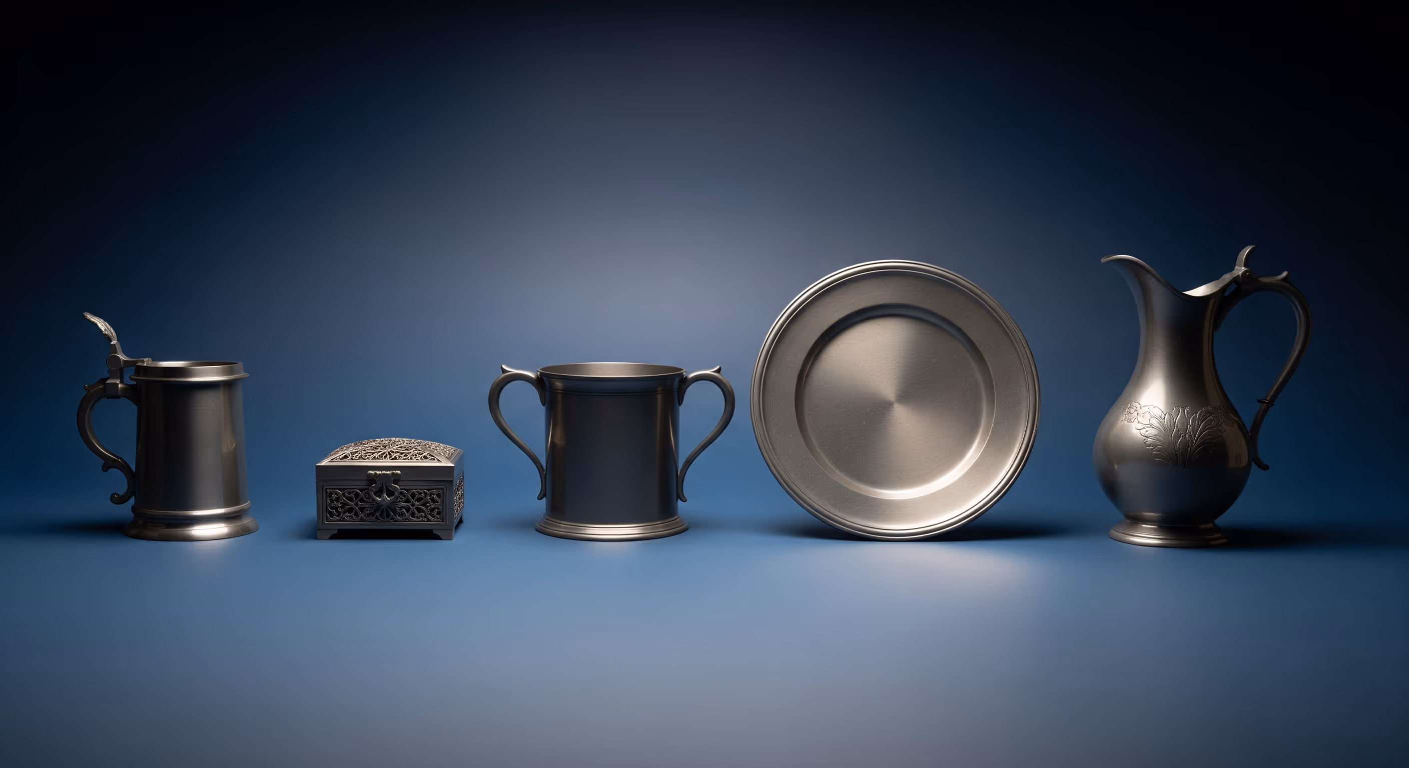 Fyra antika tennföremål och en utsmyckad tennask på blå bakgrund.