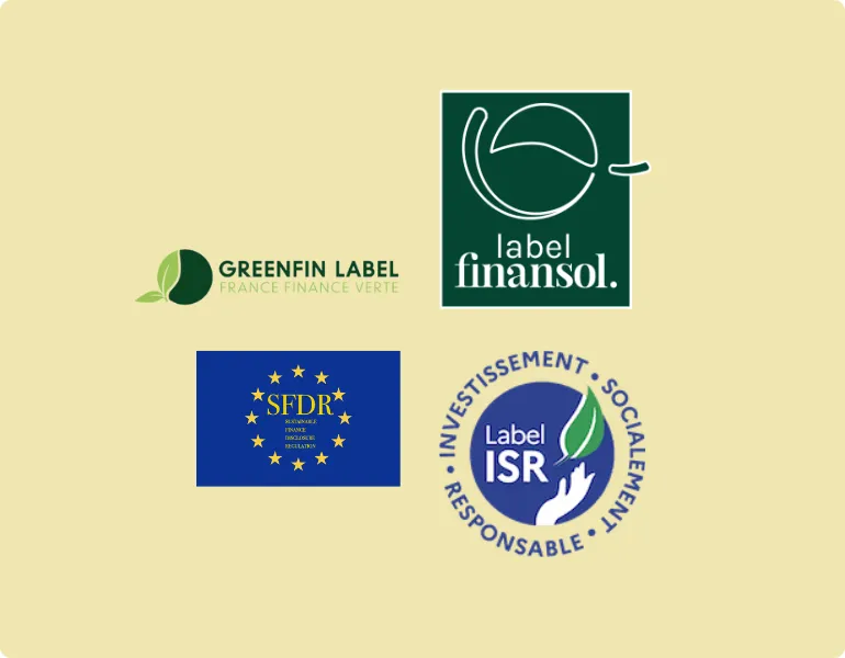 Labels Greenfin, Finansol, SFDR et ISR pour investissement responsable et finance durable.