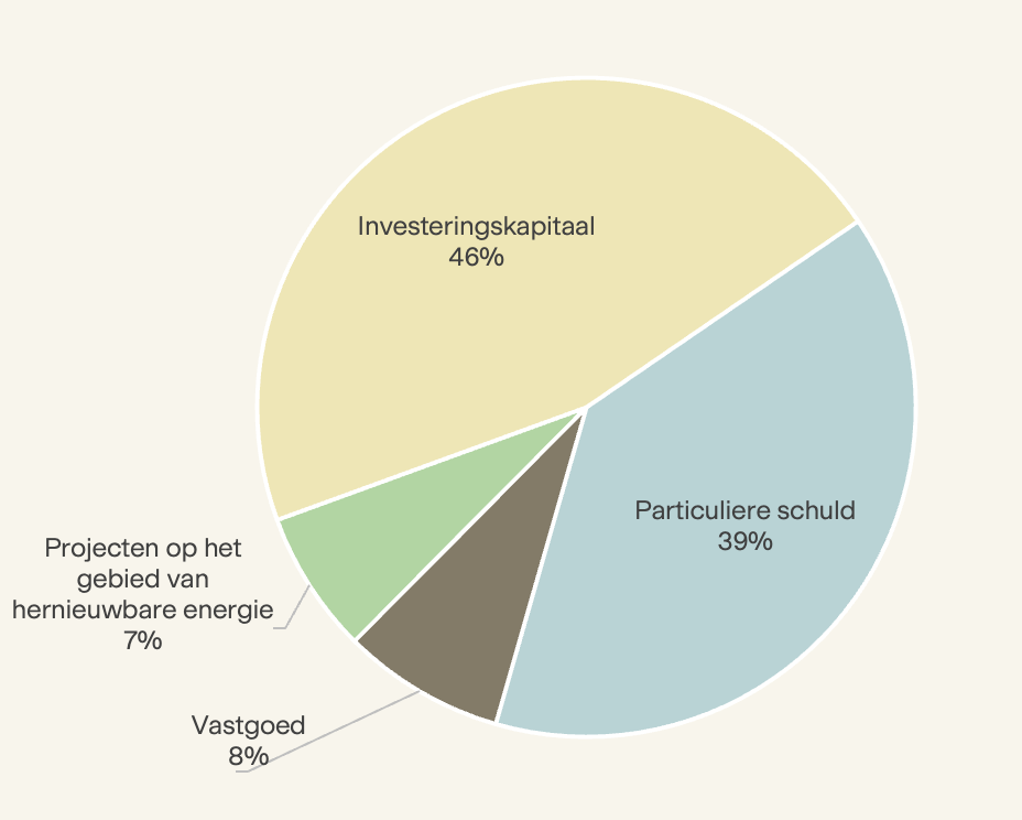 Graphique en camembert montrant la répartition des investissements en dette privée, capital-investissement, immobilier et énergies renouvelables.