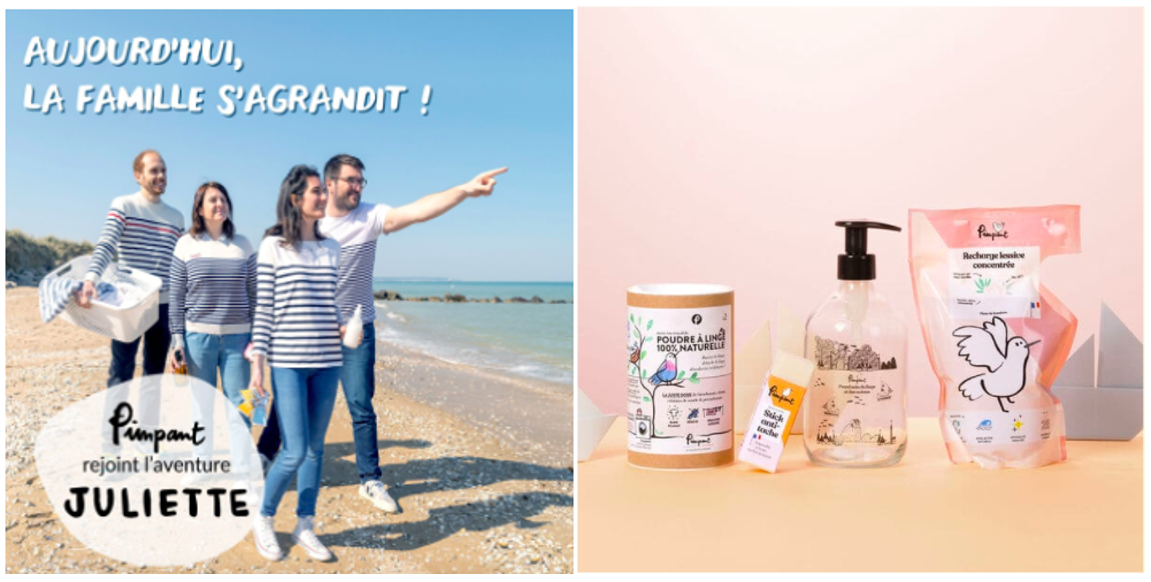Visuel en deux volets annonçant le rapprochement entre deux marques engagées, Juliette et Pimpant. À gauche : Quatre personnes souriantes marchent sur une plage en marinière, une femme tenant une boîte de lessive. Texte en haut : « Aujourd’hui, la famille s’agrandit ! ». En bas, un logo bullé : « Pimpant rejoint l’aventure Juliette ». À droite : Produits ménagers éco-conçus sur fond rose pâle, alignés avec soin : une poudre à linge, un dentifrice solide, un flacon de savon liquide, et une recharge sous forme de sachet illustré d’une colombe.