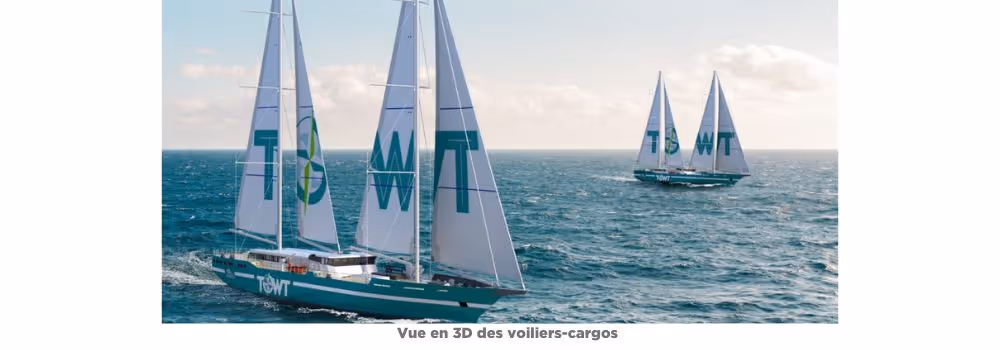 Rendu 3D de deux voiliers-cargos de la société TOWT (Transport à la voile), naviguant en haute mer. Les bateaux arborent de grandes voiles blanches avec les lettres vertes « TOWT ». Le ciel est partiellement nuageux et la mer légèrement agitée. Texte en dessous : « Vue en 3D des voiliers-cargos ».