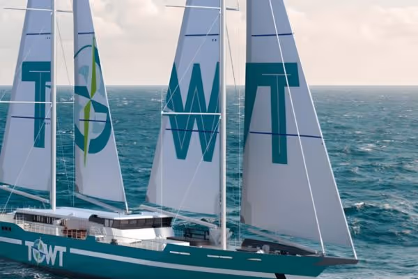 Voilier cargo moderne de TOWT naviguant en mer, avec trois grandes voiles blanches marquées du logo de l’entreprise.