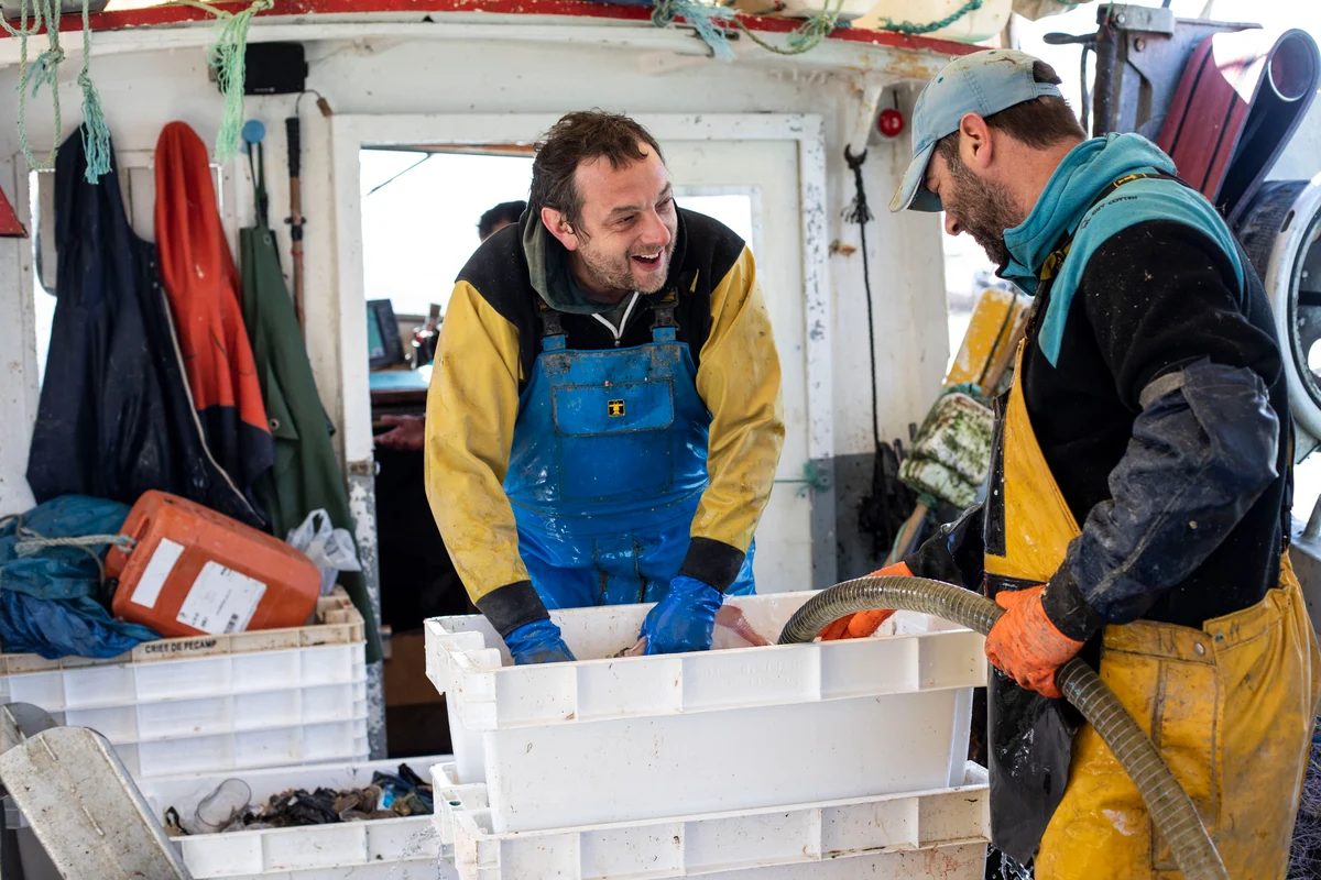 Deux pêcheurs trient du poisson sur un bateau, en riant.