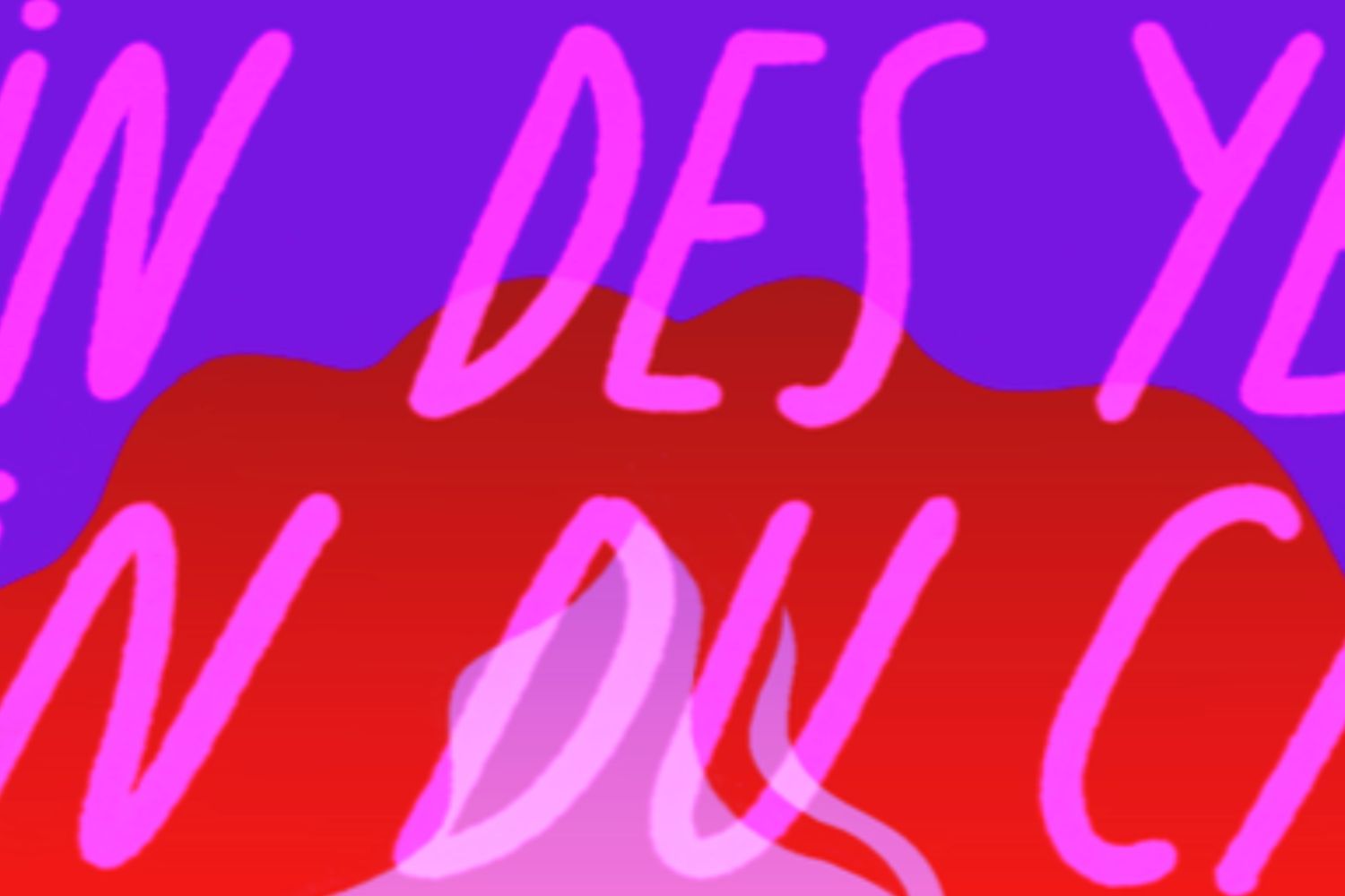 Image colorée avec un fond violet et une illustration de cheveux rouges au centre. Le texte en rose fluo indique : « Loin des yeux, Loin du care »