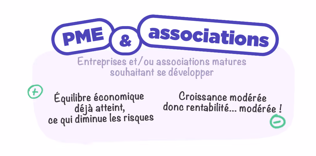 Texte de l'image : PME & associations - entreprises et / ou associations matures souhaitant se développer - (+) Équilibre économique déjà atteint ce qui diminue les risques - (-) Croissance modérée donc rentabilité... modérée !