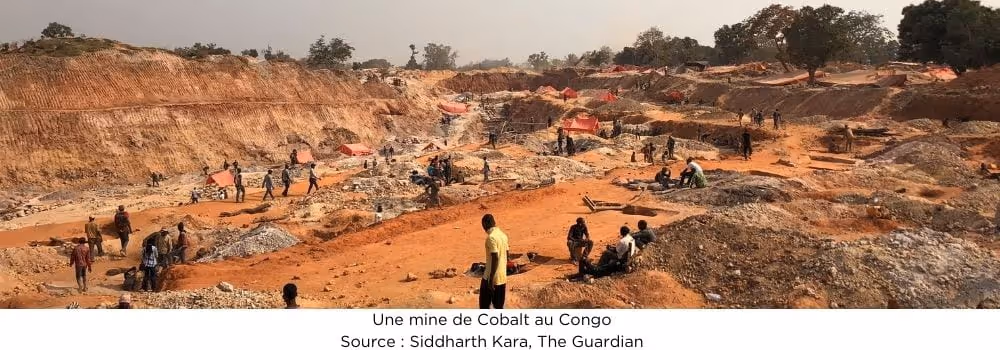 Vue panoramique d’une mine artisanale de cobalt en République Démocratique du Congo. Des dizaines de personnes, dont certaines en vêtements de ville, travaillent à ciel ouvert dans un paysage creusé de tranchées, de monticules de terre rouge et de zones rocailleuses. Des bâches orange servent d’abris de fortune. L’environnement semble aride et poussiéreux. Légende : « Une mine de Cobalt au Congo – Source : Siddharth Kara, The Guardian ».