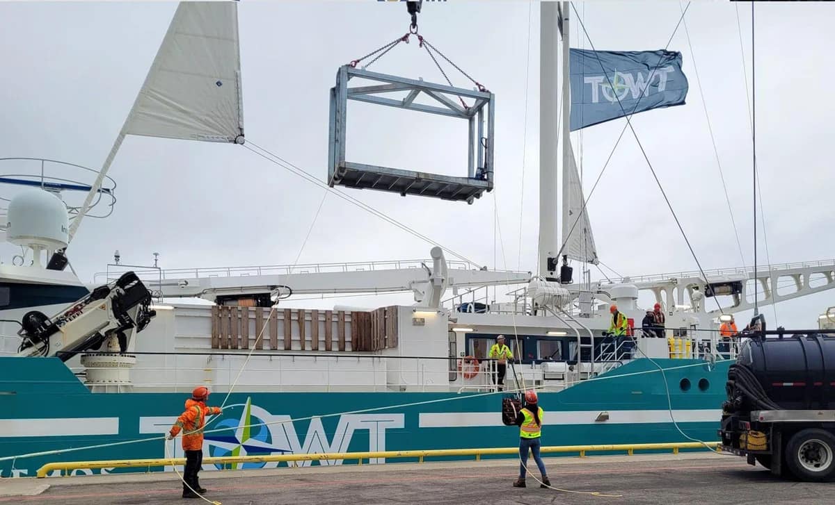 Chargement d’un conteneur sur un voilier cargo TOWT à quai, avec des ouvriers en gilets de sécurité.