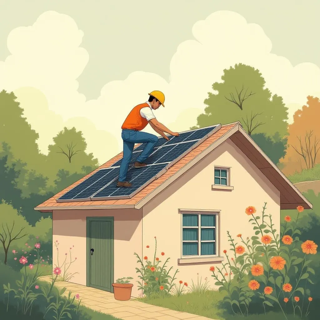 Un homme installant des panneaux solaires sur le toit de sa maison