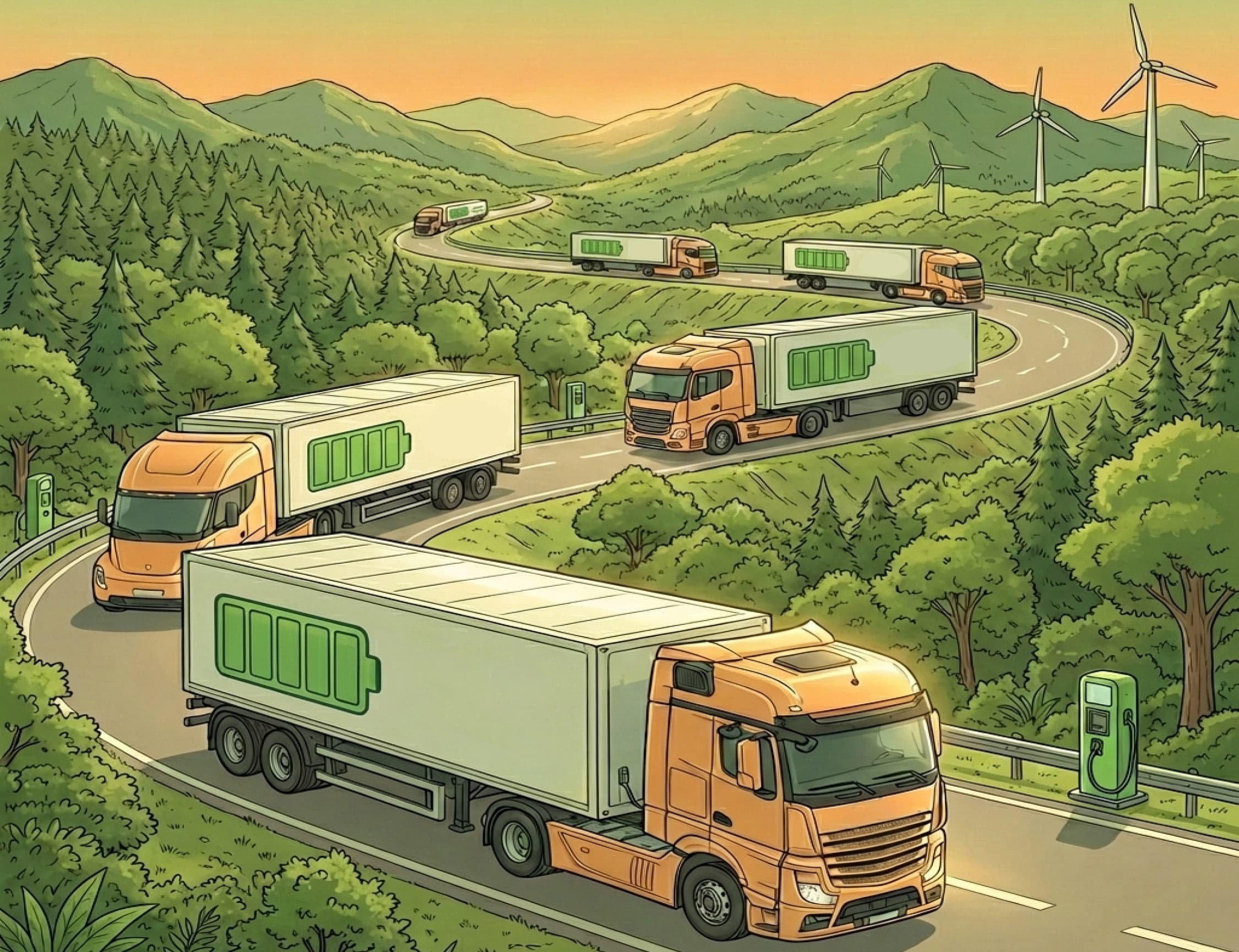 Des camions à batterie roulant sur une route