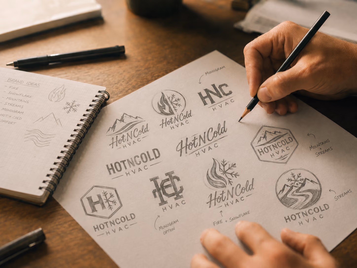 Hand-drawn sheet of nine logo concepts for an HVAC company, including fire and snowflake marks, mountain and stream badges, and three monogram options, beside a notebook listing brand ideas
