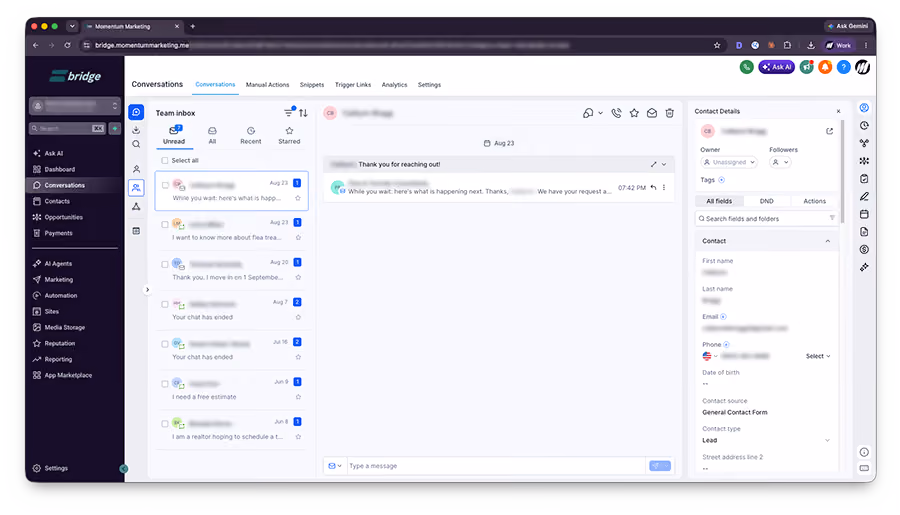 The Momentum Bridge Conversations screen showing a team inbox of unread enquiries, an open message thread, and a contact detail panel, with all customer names and contact information blurred out