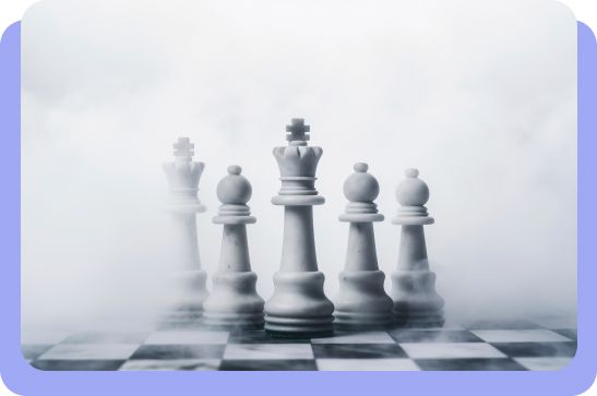 Business concept of competitive advantage illustrated by chess game and thoughtful planning.