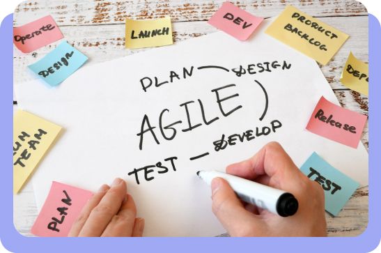 Team of professionals collaborating in agile sprints using scrum boards and digital planning tools.