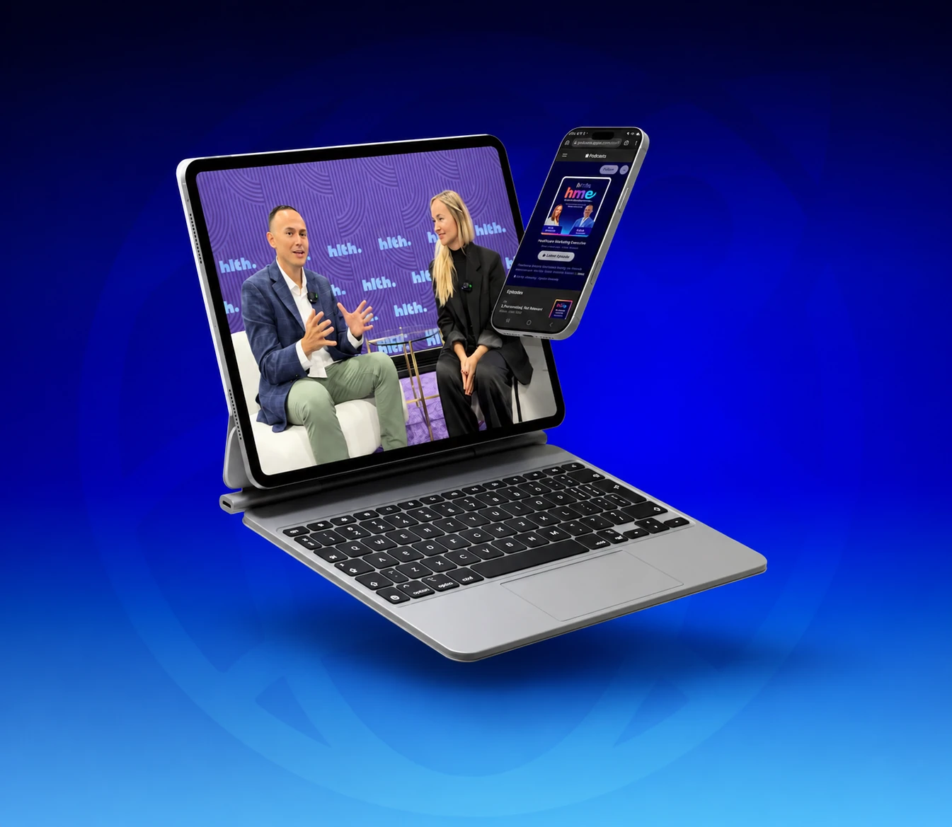 Podcast recording session shown on a tablet and phone