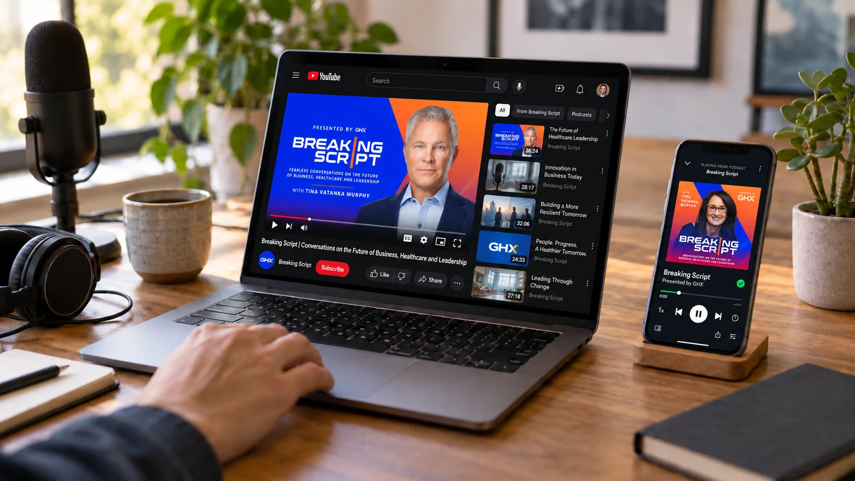 Episode published across platforms on a laptop and phone