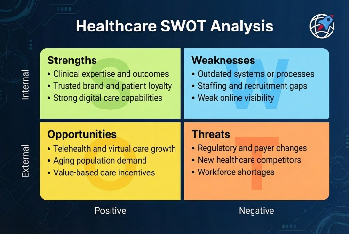 Healthcare SWOT analysis visual outlining strengths, weaknesses, opportunities, and threats