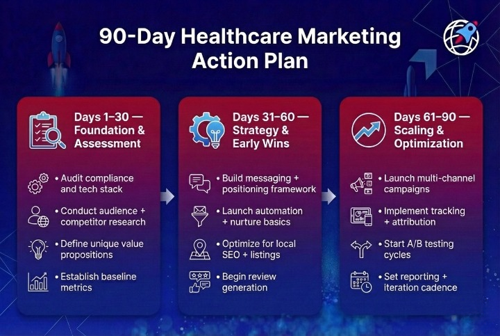 Timeline graphic outlining a phased healthcare marketing roadmap from assessment to optimization