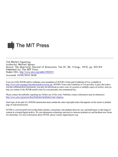 Primeira página do artigo Job Market Signaling, de Michael Spence