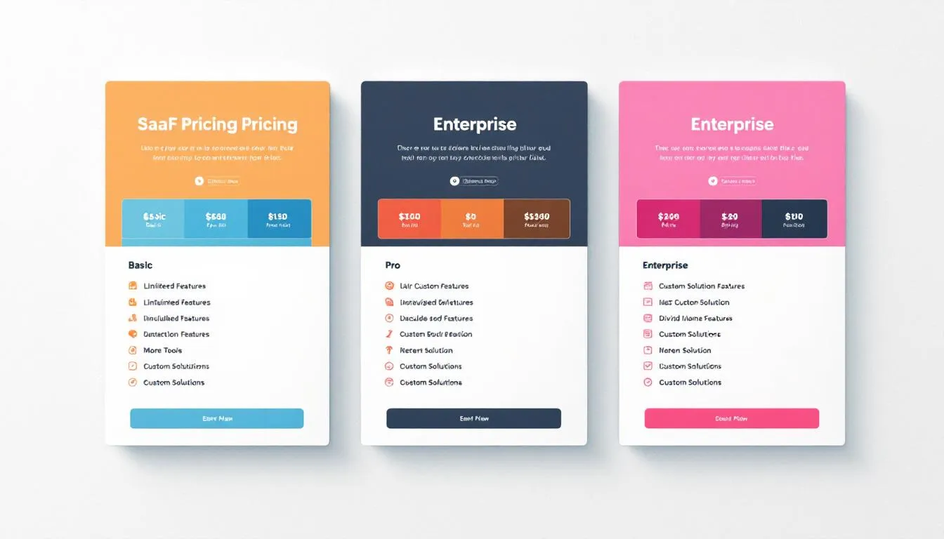 The image showcases a comparison of various SaaS pricing page layouts, highlighting tiered subscription options with clear structures and engaging visuals. Each layout emphasizes transparent pricing and user-friendly design, making it easier for potential customers to navigate and understand the value propositions of different SaaS products.