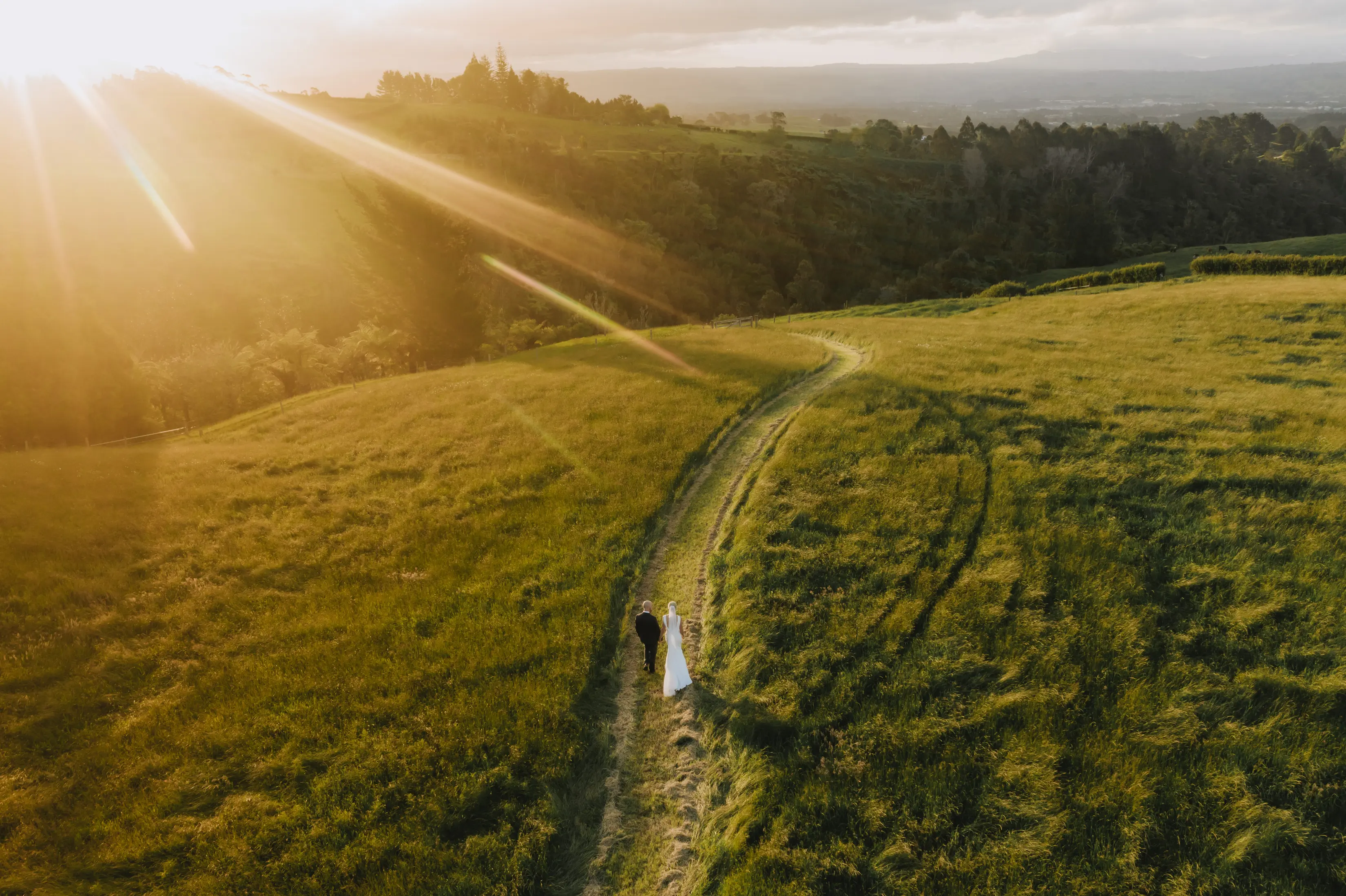 A bride and groom walk hand in hand along a winding path through a sunlit grassy field, with golden sunlight streaming across rolling hills in the background.