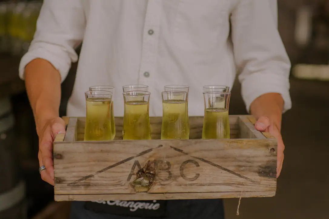 A person in a white shirt holds a rustic wooden tray with four glasses filled with a yellow-green beverage. The tray has the letters "ABC" and an arrow design on its side.