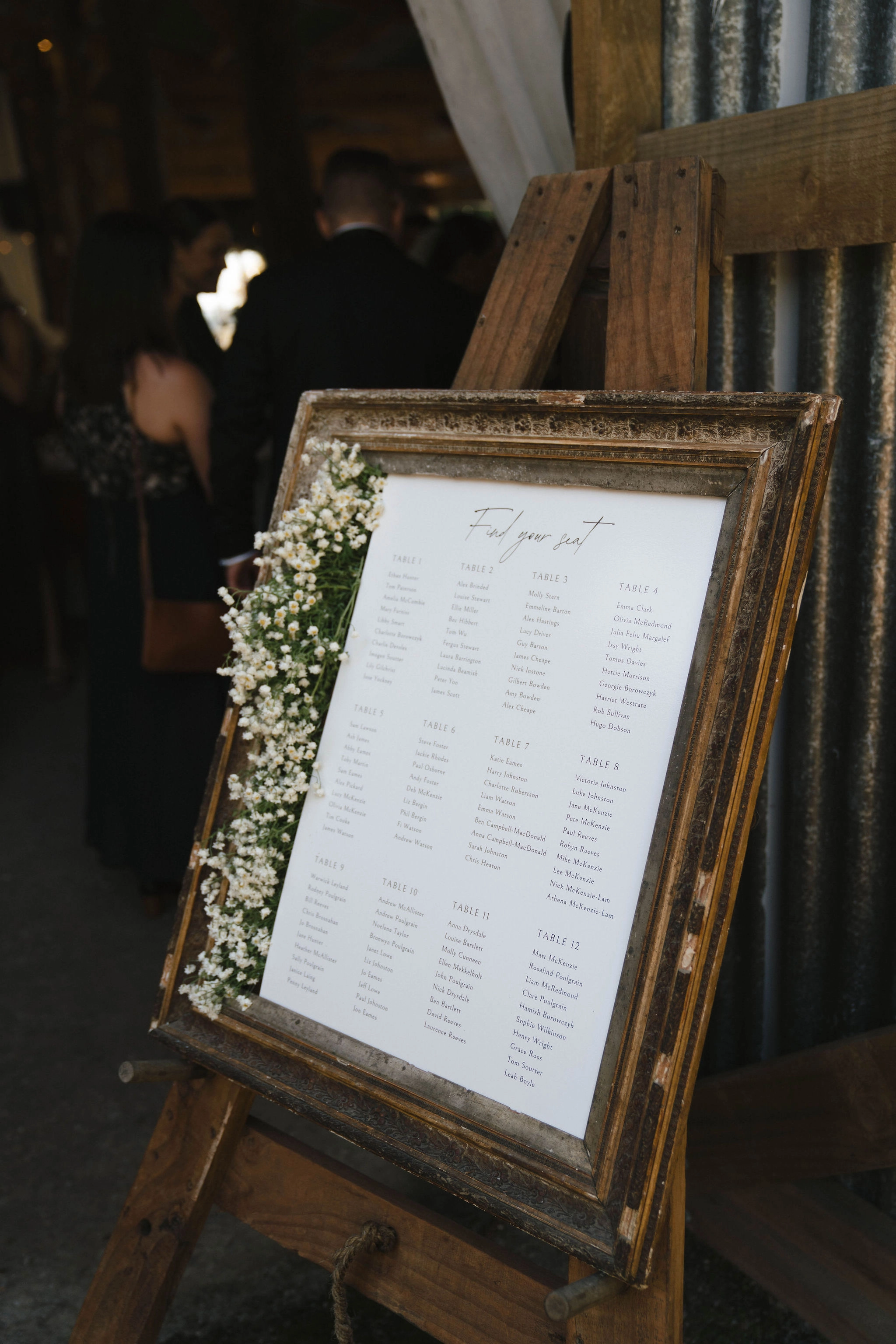 A rustic wooden frame holding a wedding seating chart decorated with small white flowers, displayed on an easel. People are blurred in the background at the event.