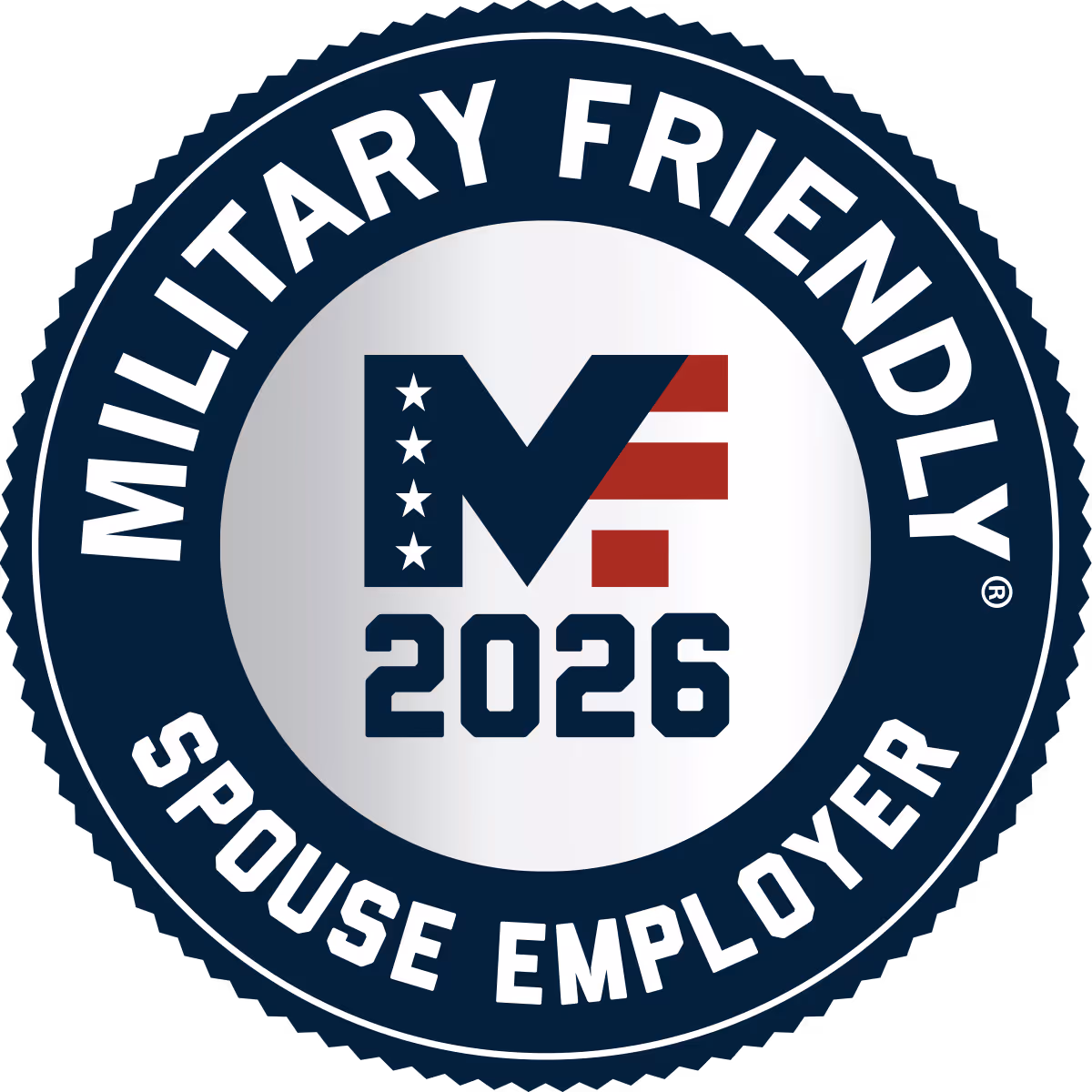 Circular seal with text Military Friendly Spouse Employer around the edge and stylized MF logo with American stars and stripes above 2026 in the center.