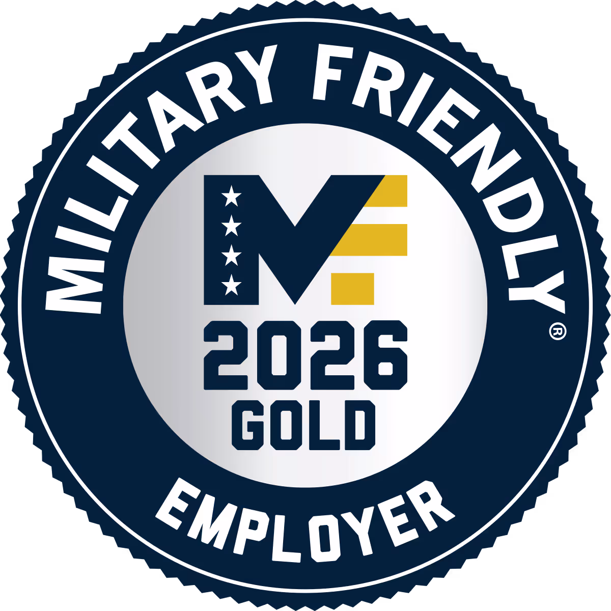 Circular Military Friendly Employer Gold 2026 seal with MF logo featuring stars and stripes.