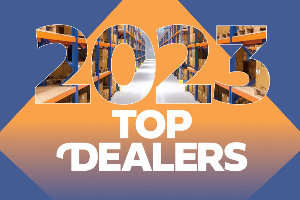 2023 in large numbers filled with warehouse shelves of stacked boxes above the text 'Top Dealers' on an orange and blue background.