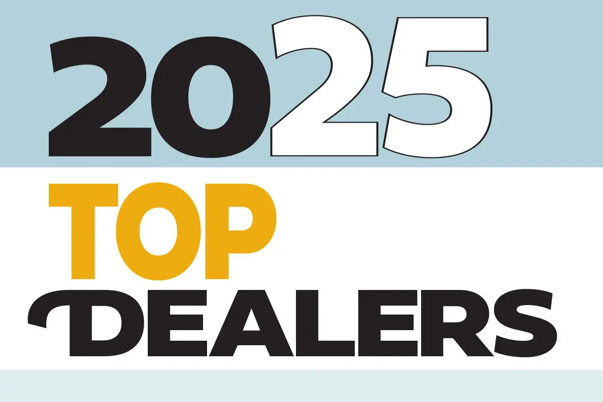 Text reading '2025 TOP DEALERS' with '2025' in large black and white font and 'TOP' in orange uppercase letters above 'DEALERS' in black.