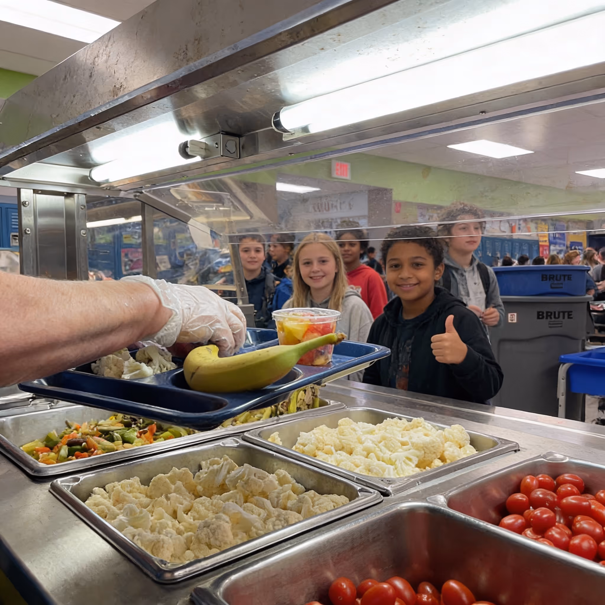 Children in a school cafeteria line receiving a lunch tray with fruit cup, banana, and cauliflower from a server wearing gloves.