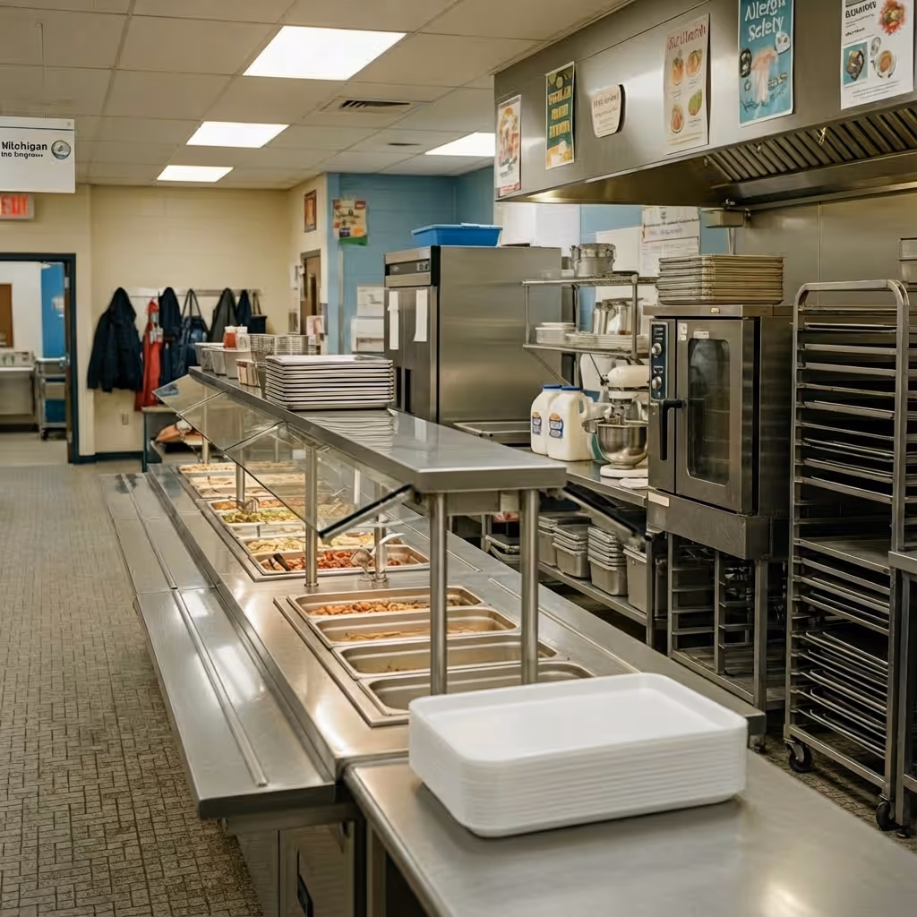 Empty cafeteria serving line with trays, food warmers, and kitchen equipment in a clean, well-lit room.
