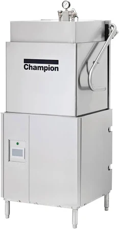 Stainless steel Champion commercial dishwasher with front control panel and pressure gauge on top.