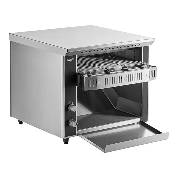 Stainless steel counter toaster oven with open tray and a removable wire rack inside.