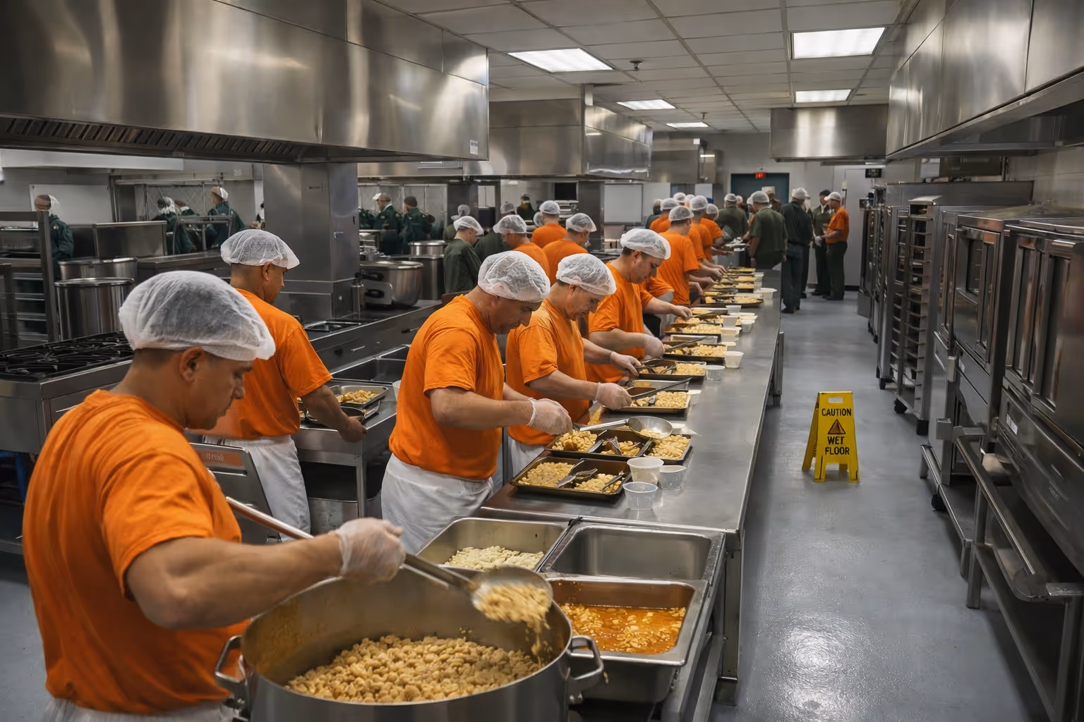 Workers in orange shirts and hairnets serving food trays in a large industrial kitchen.