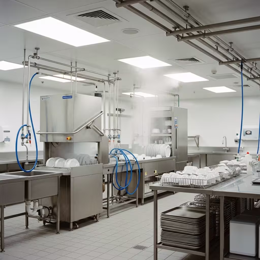Commercial kitchen dishwashing area with industrial dishwasher, racks of clean white dishes, and stainless steel counters.