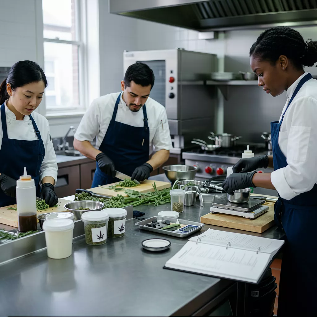 Three chefs in a professional kitchen preparing and weighing fresh herbs and ingredients on a stainless steel counter.