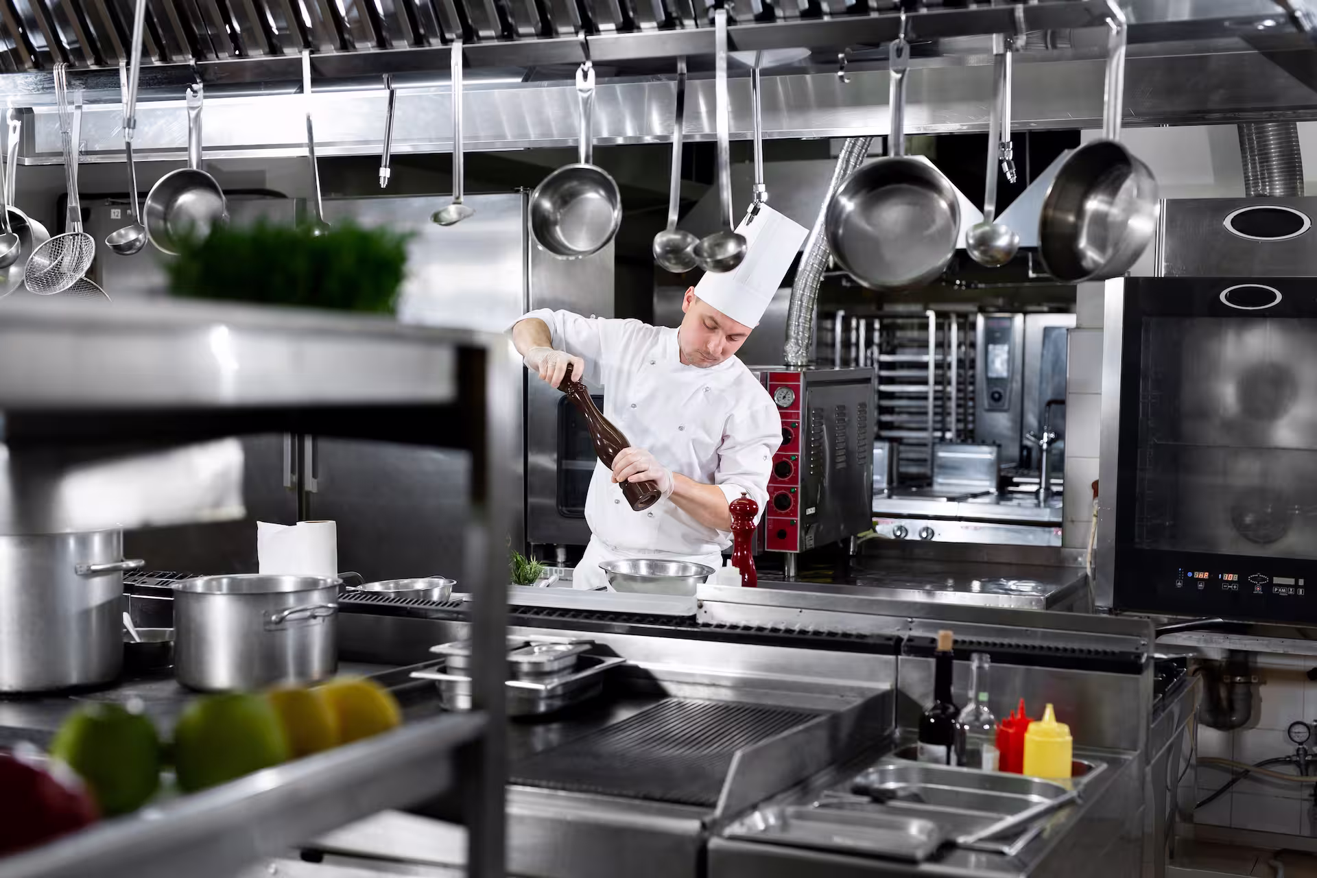 Chef in white uniform grinding pepper over a bowl in a professional stainless steel kitchen.