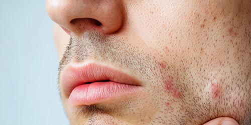 Man's face with acne and inflammation