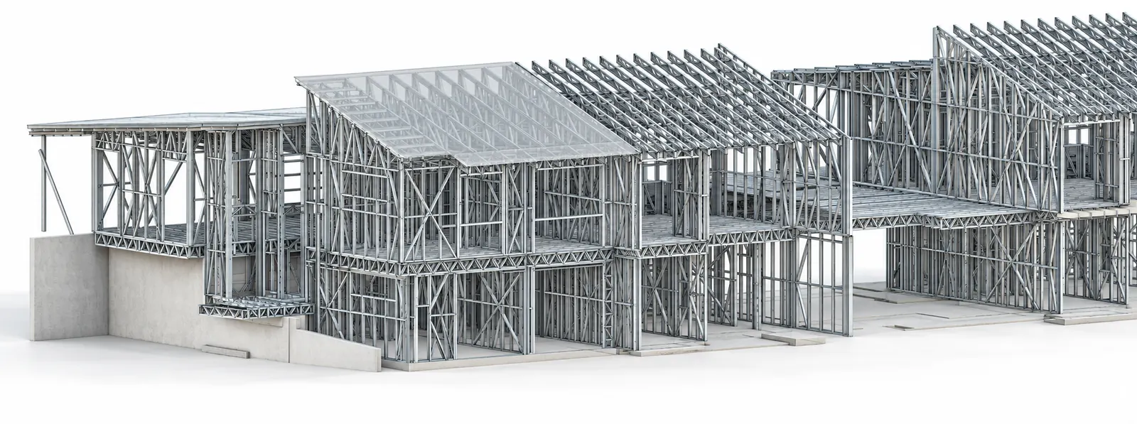 Rendered as-built 3D framing model of a multi-storey townhouse development