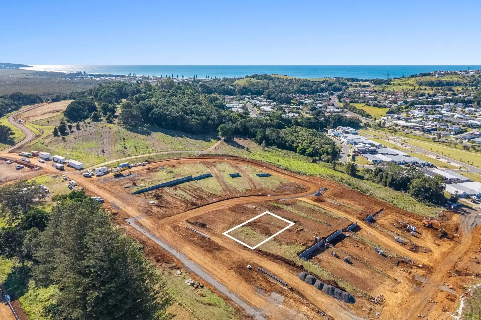 Aerial view of a new subdivision under construction near the coast