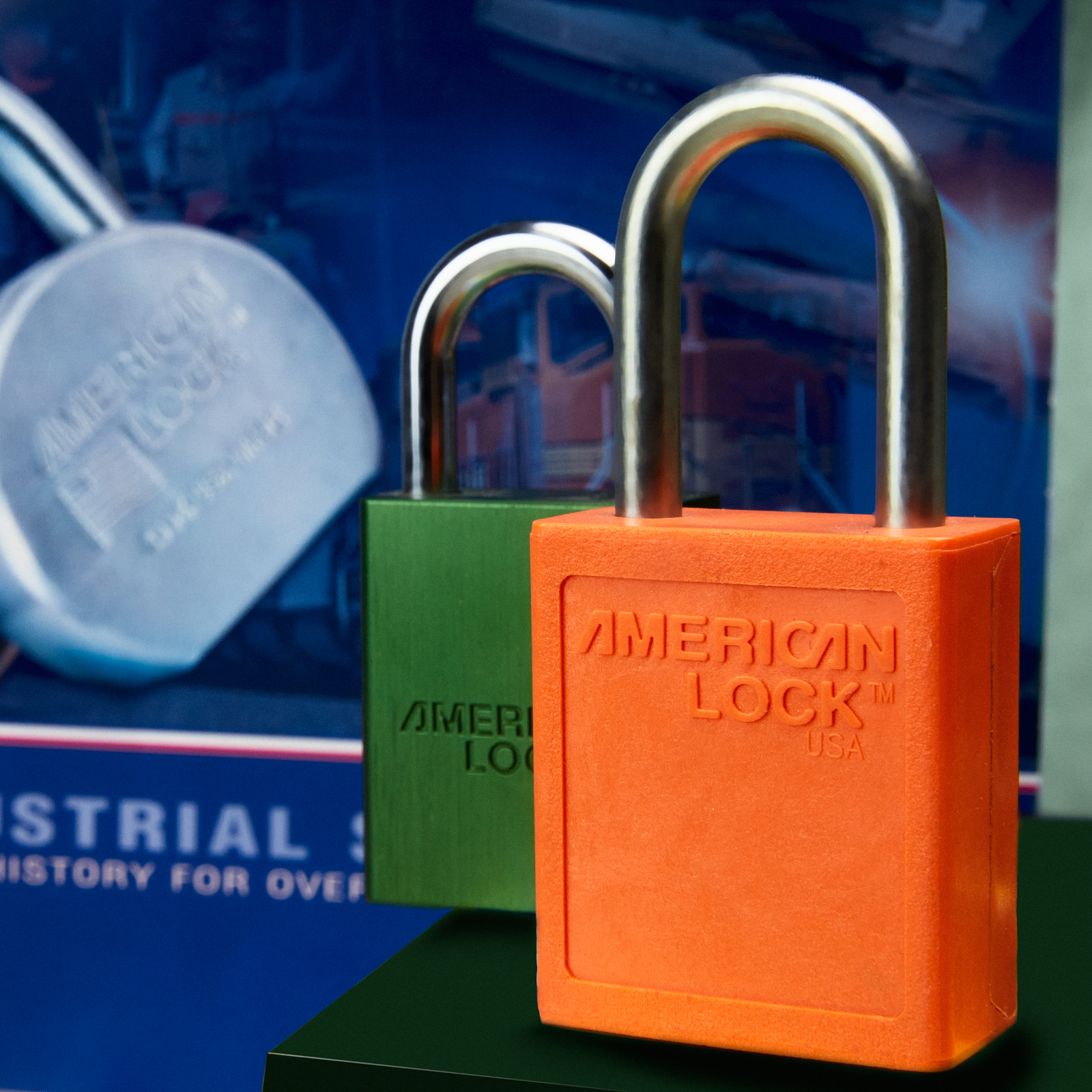Orange and green American Lock by print materials