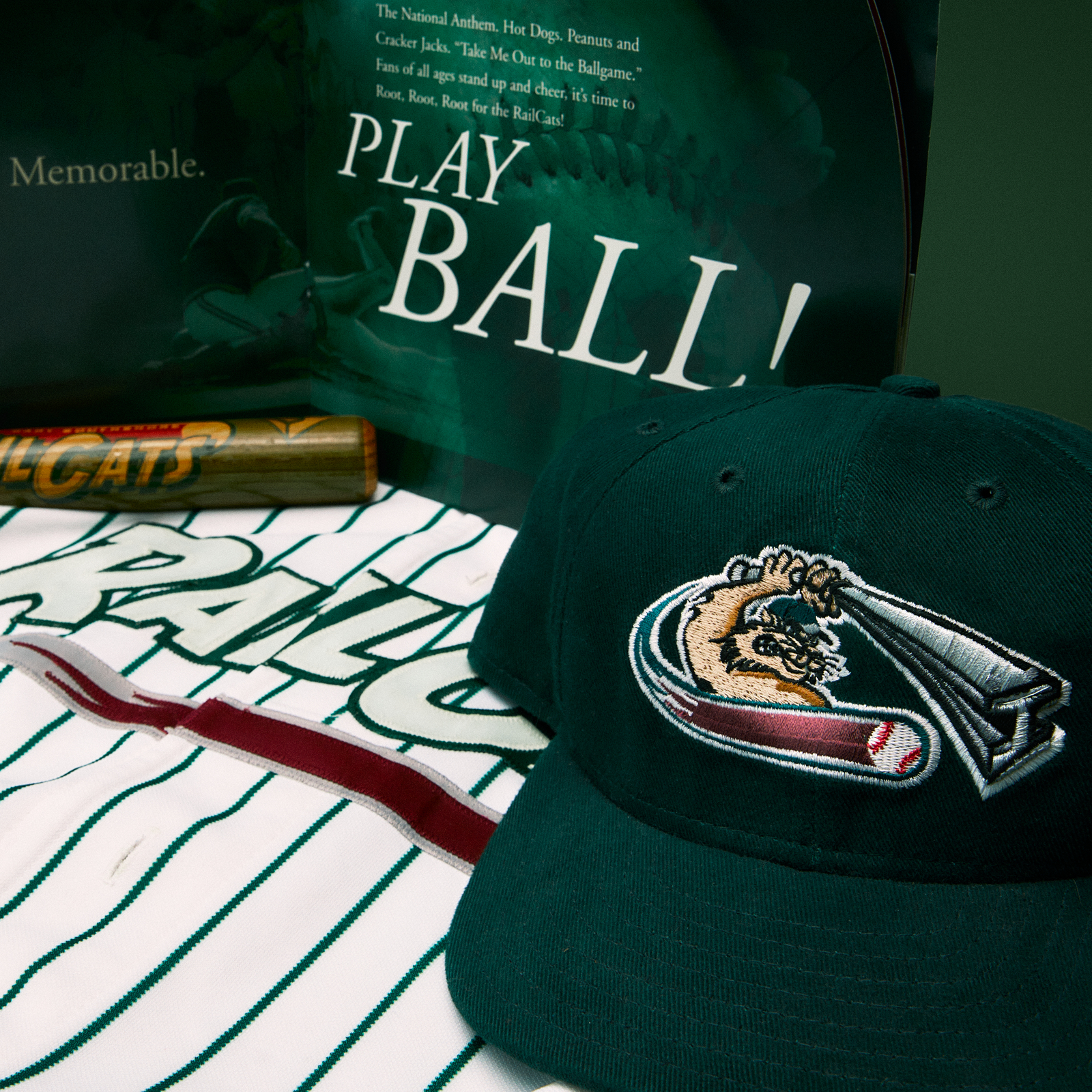 Gary SouthShore Railcats hat, jersey, souvenir baseball bat, and advertising materials
