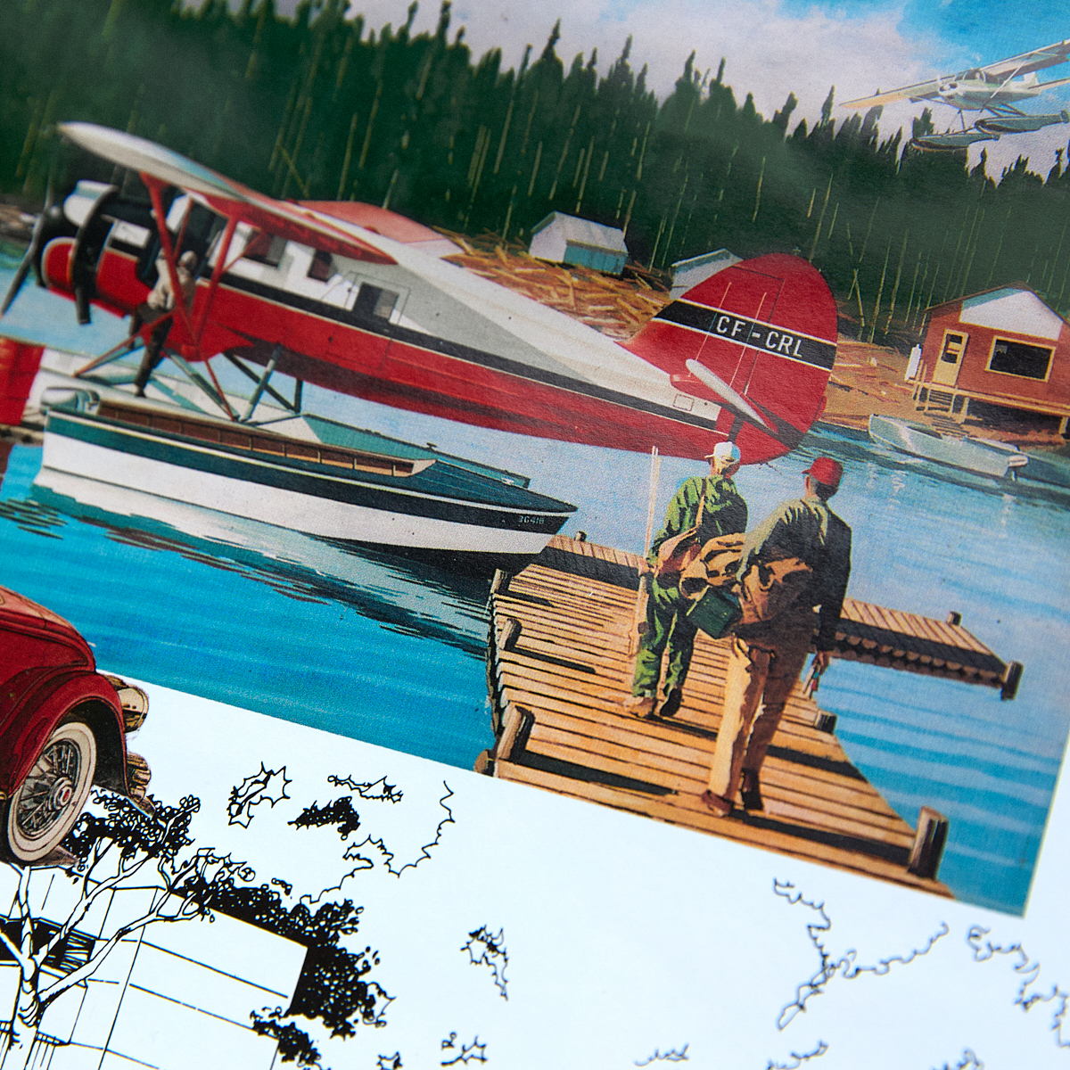 Illustration of outdoorsmen getting on water plane