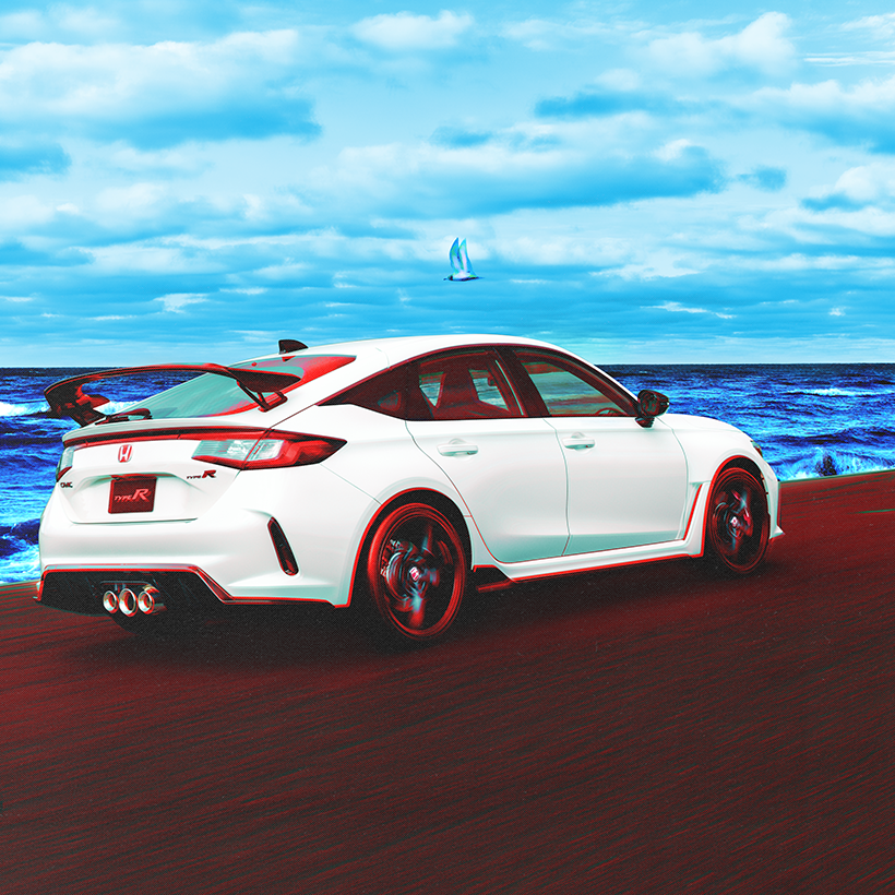 Honda Civic Type R in motion, water and seagull in background