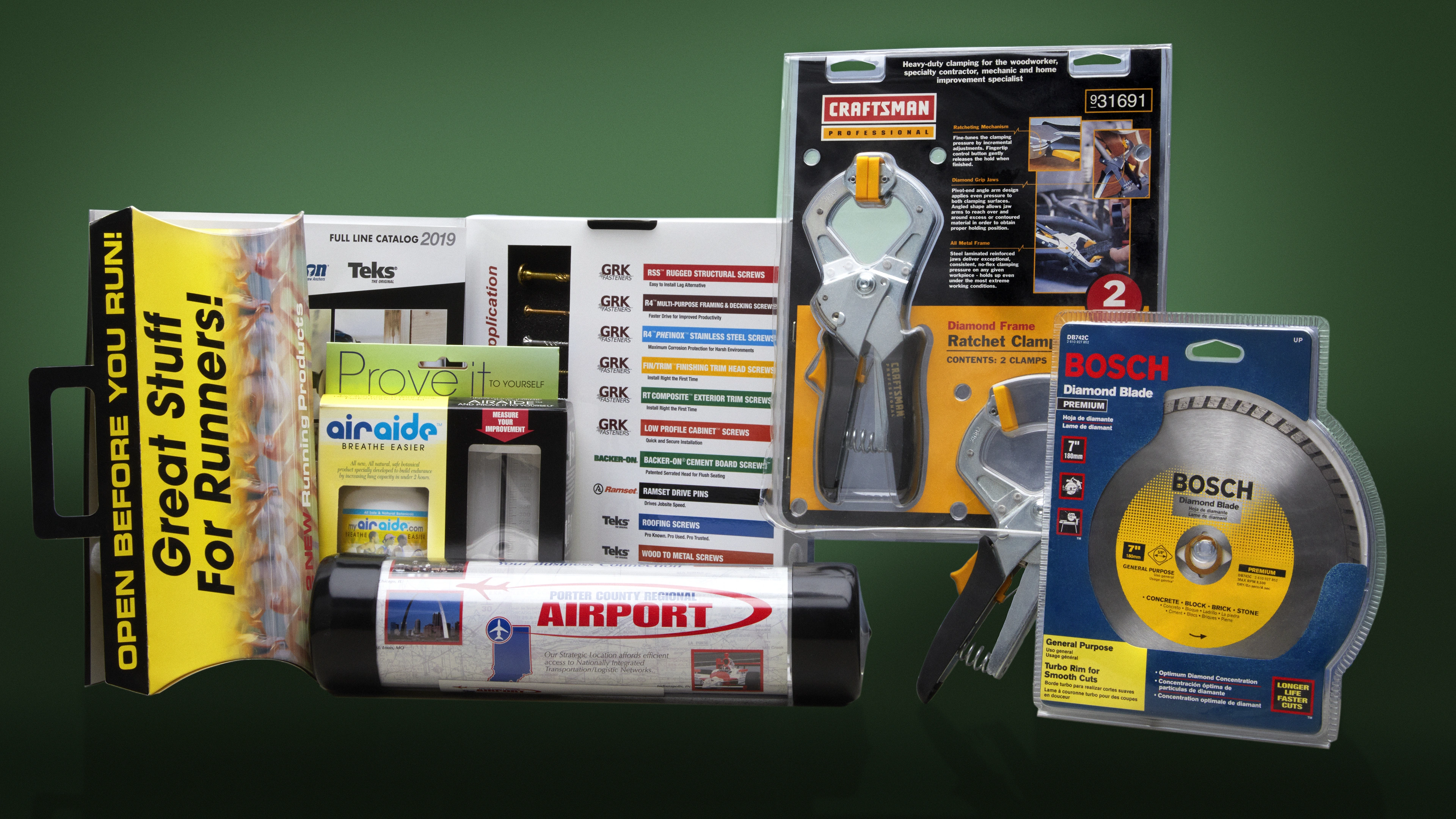Muta Advertising packaging examples from Porter County Airport, Resprin, AirAide, GRK Fasteners, Bosch and Craftsman power tools. 