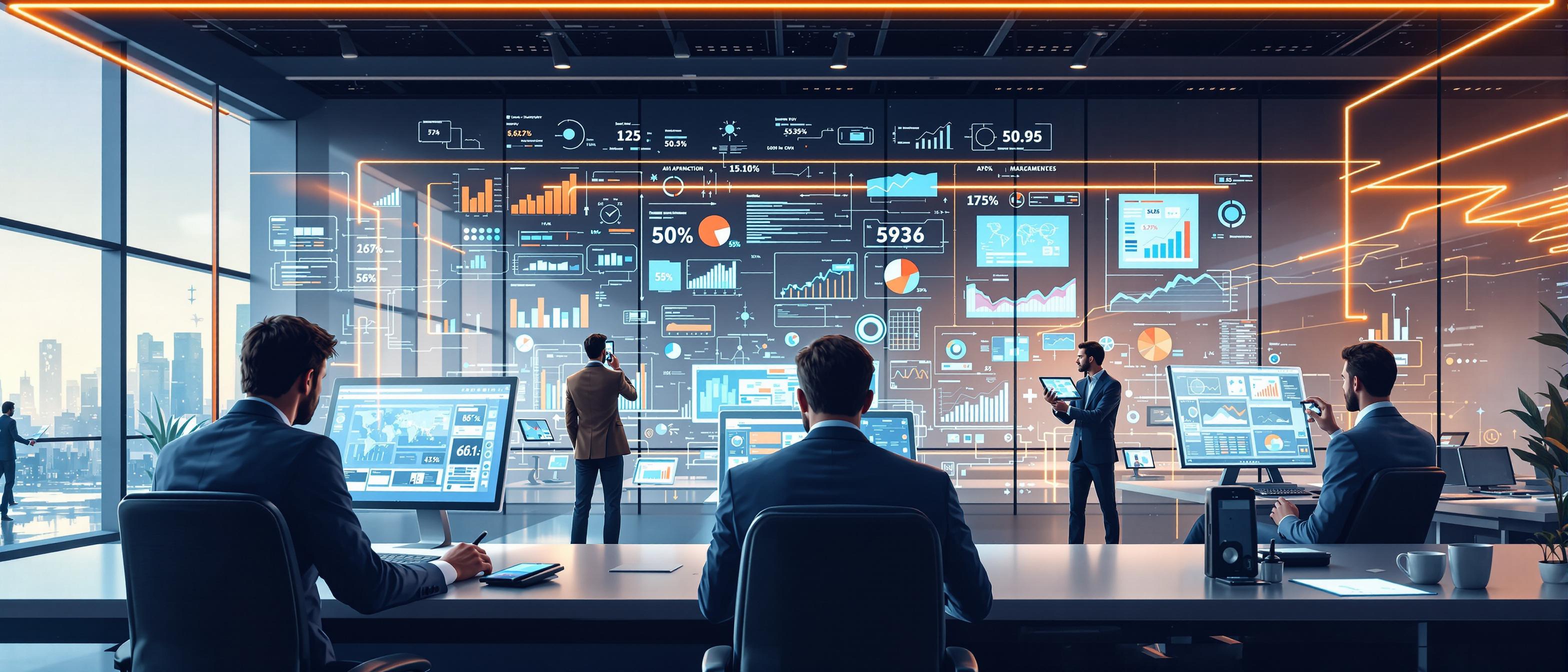 /ai_art_hybrid style, modern B2B digital marketing landscape with AI-based analytics and business professionals engaging with data on screens, reflecting efficiency and collaboration in a business setting, clear infographics and futuristic office environment.