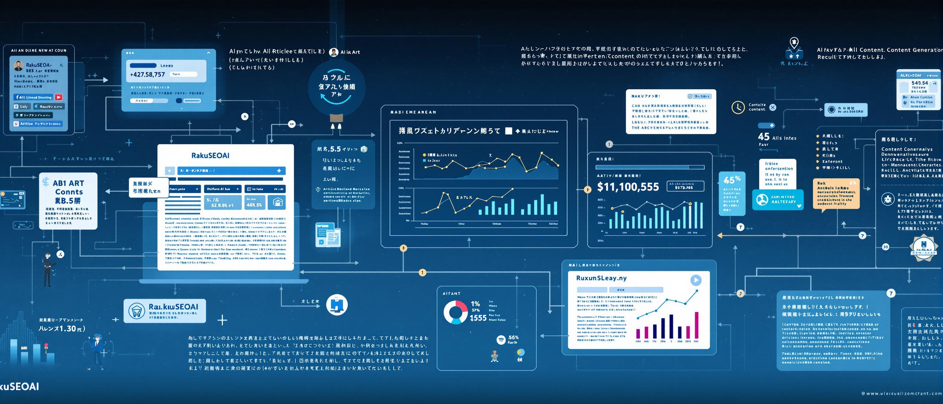 /ai_art_hybrid style, AI-driven content generation platform for B2B marketing, visualizing a seamless workflow of automated article creation and real-time data analysis dashboard, featuring RakuSEOAI logo and branding colors, professional yet approachable mood, Japanese context.