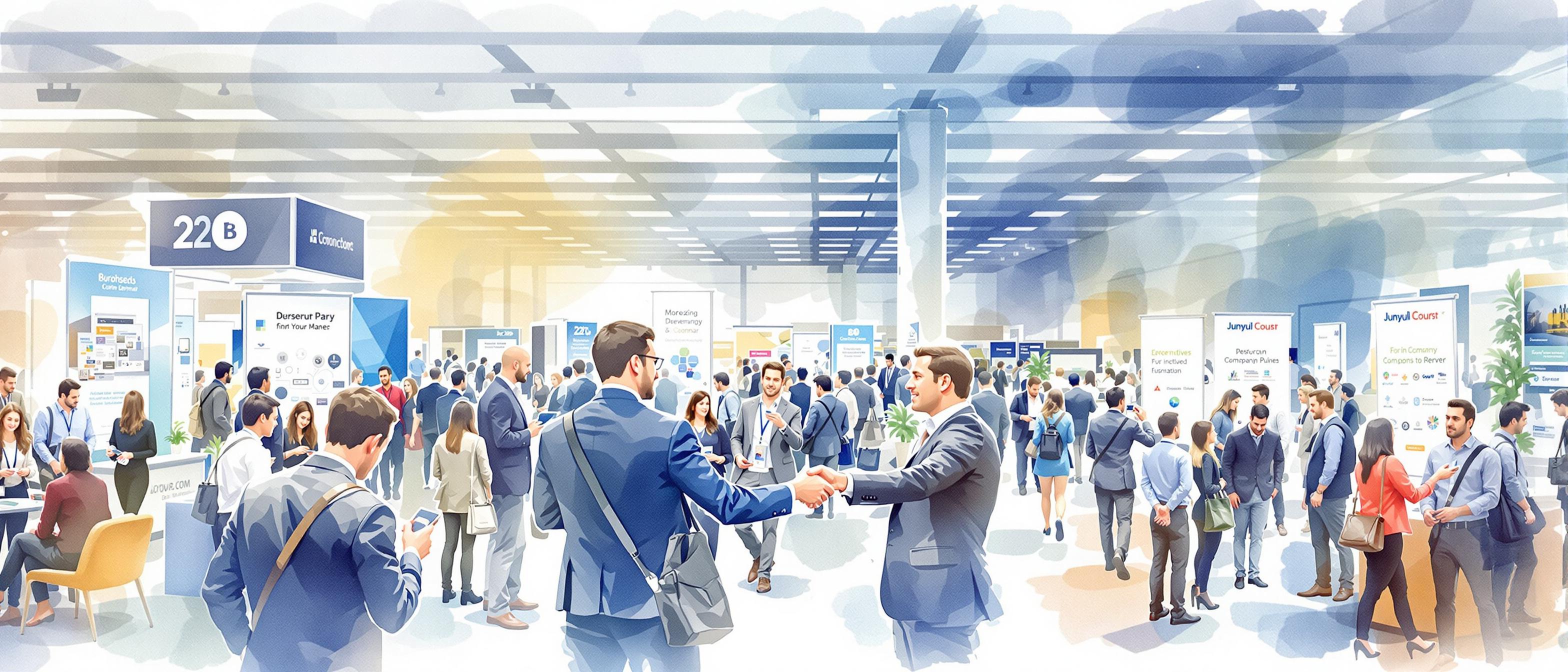 / Watercolor illustration of a busy B2B seminar or trade show. Show professionals exchanging business cards, engaging in discussions, and a company booth with promotional banners. The mood should be vibrant, emphasizing networking and face-to-face trust-building.